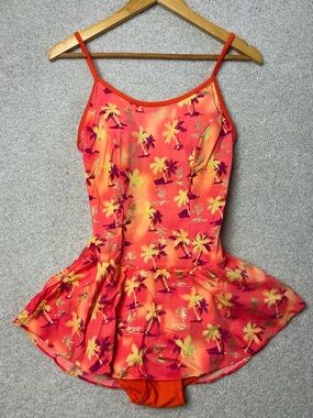 kathy ireland Orange Tropical Palm Print One-Piece Swim Dress Vintage